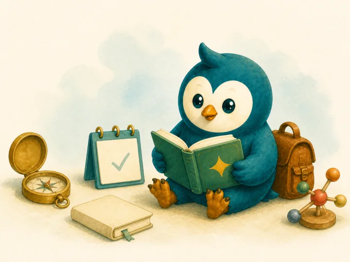 Generalist's owl reads beside a compass, notebook, review calendar, and molecule model.