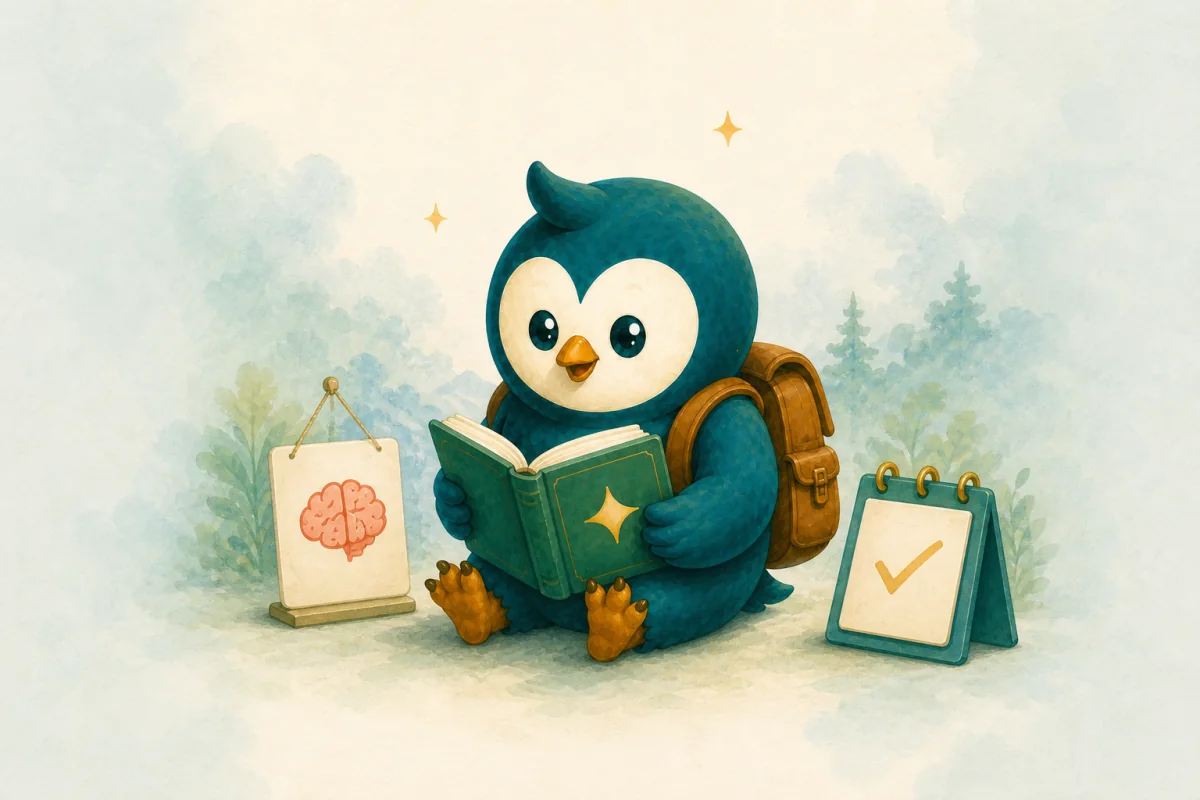 Generalist's owl rereads a book between a brain picture card and a checked review calendar.